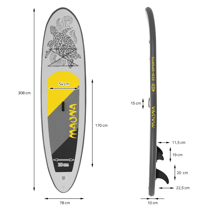 Stand Up Paddle aufblasbares SUP Board Maona 308x76x10 cm in Grau aus PVC inkl. Pumpe und Tragetasche