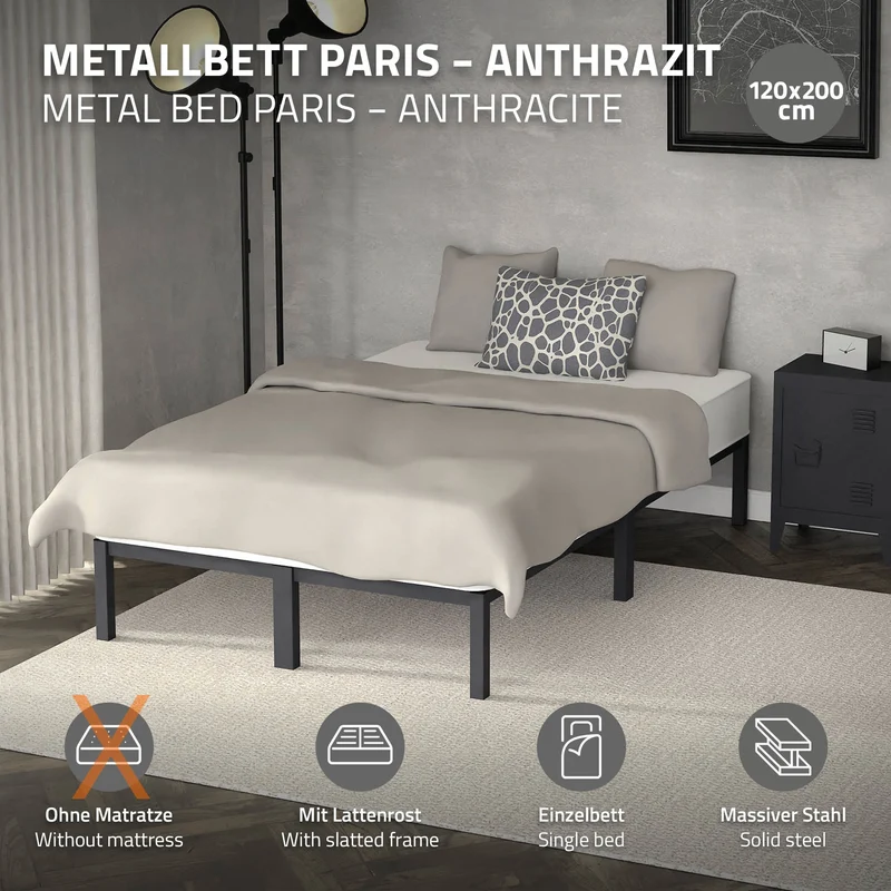 Bettgestell Doppelbett 120x200 cm aus Metall in Anthrazit mit Lattenrost ML-Design