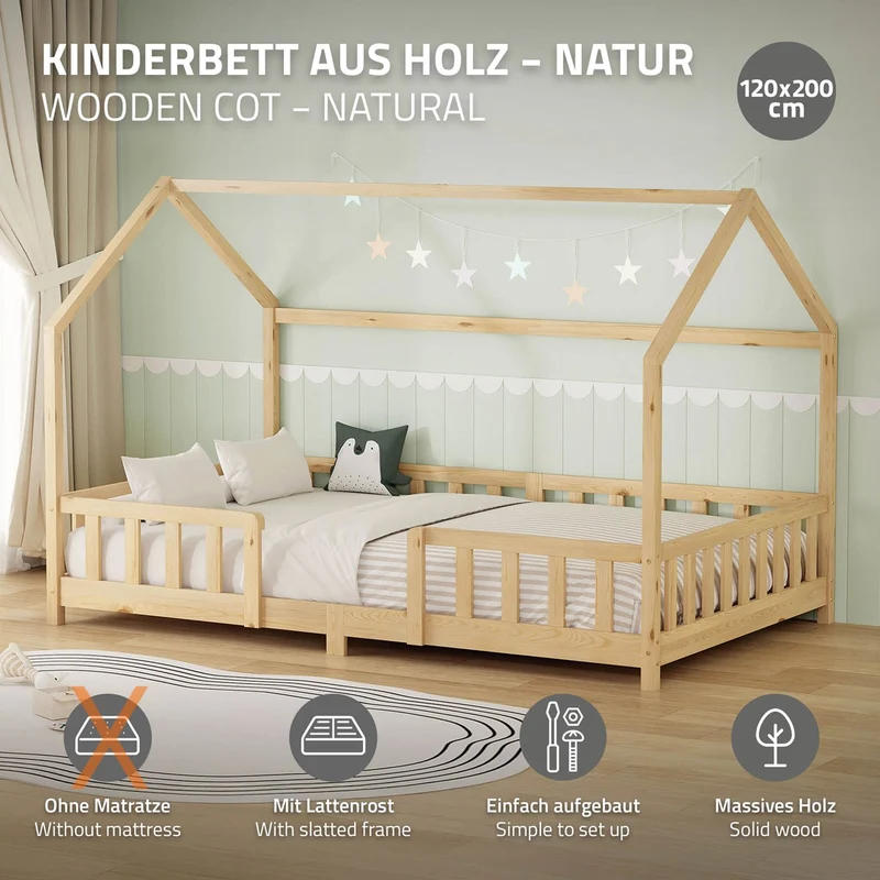 B-Ware Kinderbett Hausbett 120x200 cm aus Kiefernholz Natur mit Rausfallschutz Dach und Lattenrost Holzbett ML-Design