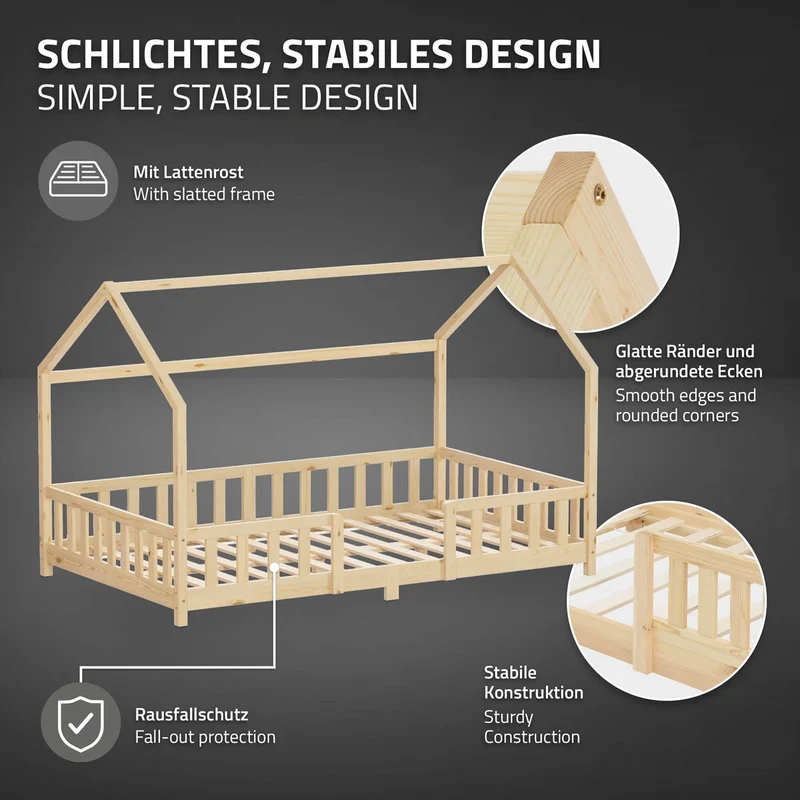 B-Ware Kinderbett Hausbett 120x200 cm aus Kiefernholz Natur mit Rausfallschutz Dach und Lattenrost Holzbett ML-Design