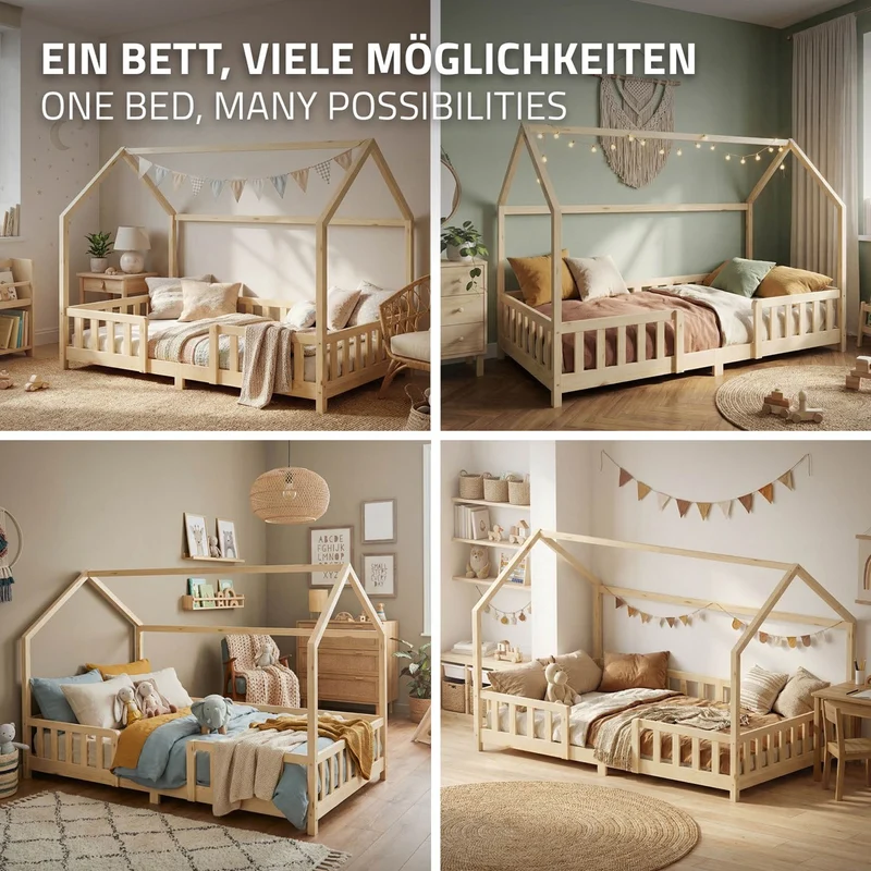 B-Ware Kinderbett Hausbett 120x200 cm aus Kiefernholz Natur mit Rausfallschutz Dach und Lattenrost Holzbett ML-Design