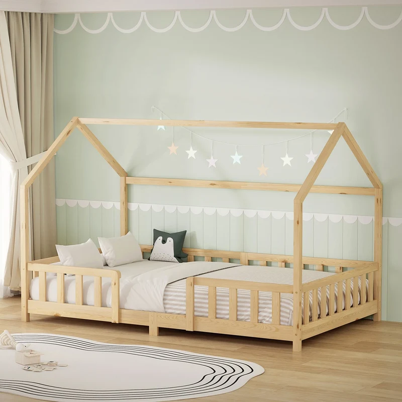 B-Ware Kinderbett Hausbett 120x200 cm aus Kiefernholz Natur mit Rausfallschutz Dach und Lattenrost Holzbett ML-Design