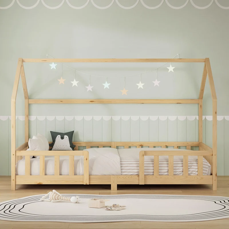 B-Ware Kinderbett Hausbett 120x200 cm aus Kiefernholz Natur mit Rausfallschutz Dach und Lattenrost Holzbett ML-Design