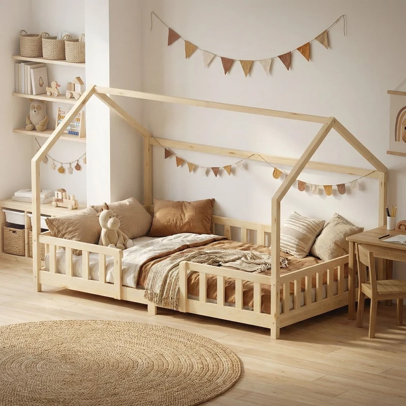 B-Ware Kinderbett Hausbett 120x200 cm aus Kiefernholz Natur mit Rausfallschutz Dach und Lattenrost Holzbett ML-Design