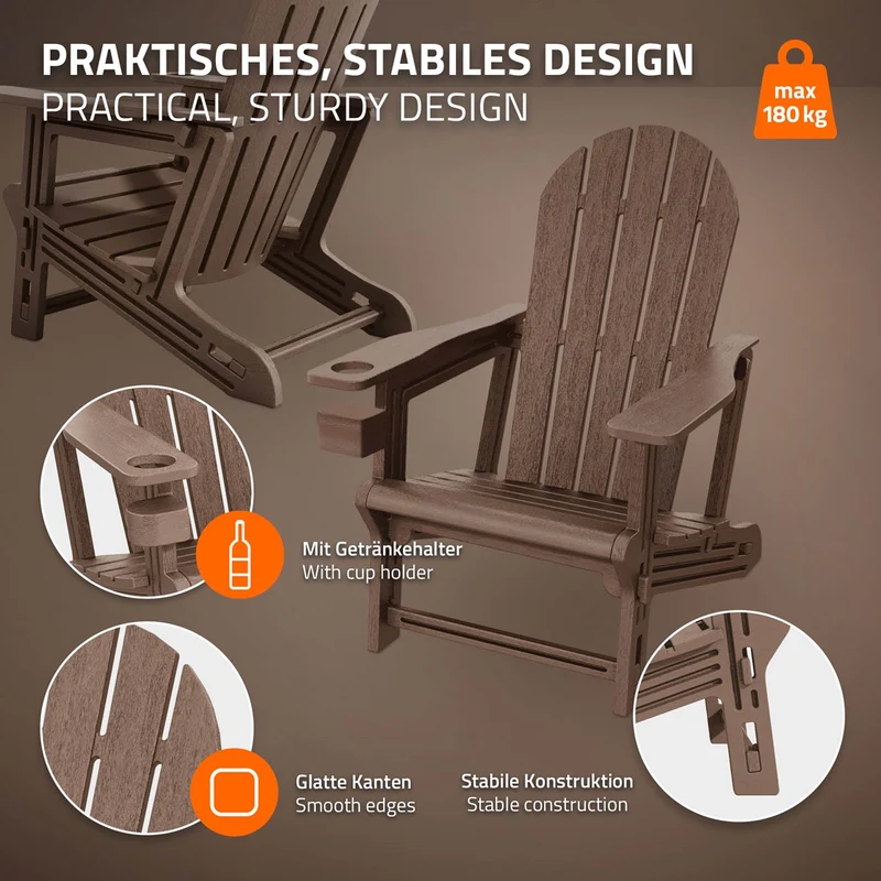 B-Ware Gartenstuhl Adirondack Stuhl Sonnenstuhl wetterfest aus HDPE Kunststoff bis 180 kg Braun Gartensessel ML-Design
