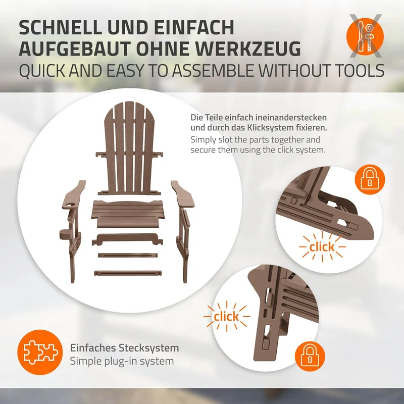 B-Ware Gartenstuhl Adirondack Stuhl Sonnenstuhl wetterfest aus HDPE Kunststoff bis 180 kg Braun Gartensessel ML-Design
