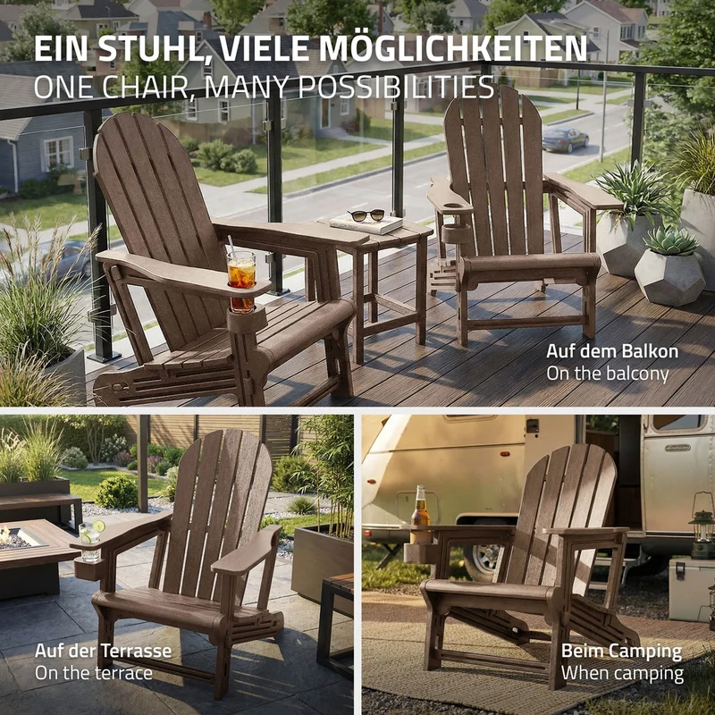 B-Ware Gartenstuhl Adirondack Stuhl Sonnenstuhl wetterfest aus HDPE Kunststoff bis 180 kg Braun Gartensessel ML-Design