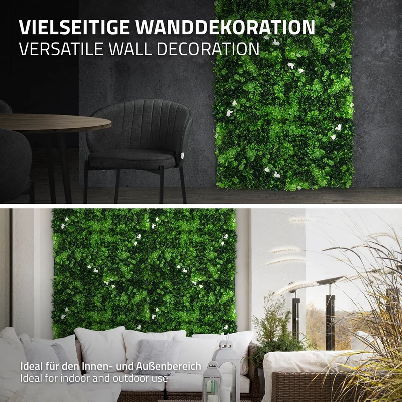 ECD Germany | Künstliche Pflanzenwand White Jasmine 4er Set 50x50 cm Grün Kunstpflanzen Wandpaneele Indoor Outdoor Blumenwand Sichtschutz Wandpflanzen