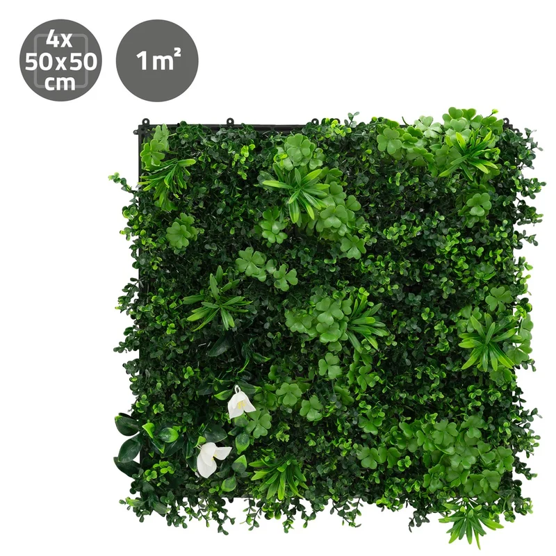 ECD Germany | Künstliche Pflanzenwand White Jasmine 4er Set 50x50 cm Grün Kunstpflanzen Wandpaneele Indoor Outdoor Blumenwand Sichtschutz Wandpflanzen