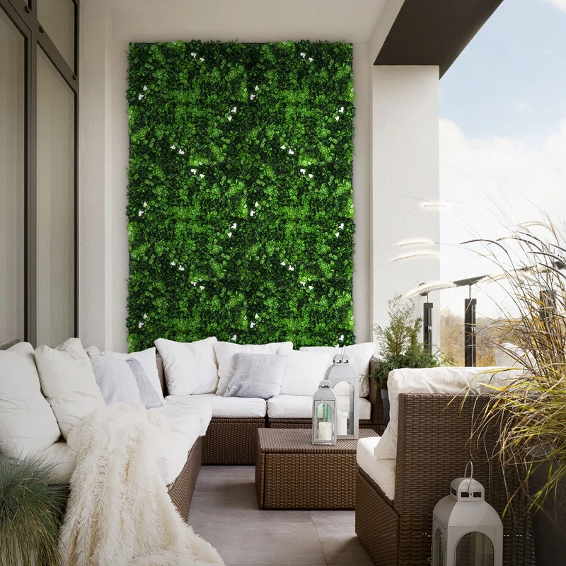 ECD Germany | Künstliche Pflanzenwand White Jasmine 4er Set 50x50 cm Grün Kunstpflanzen Wandpaneele Indoor Outdoor Blumenwand Sichtschutz Wandpflanzen