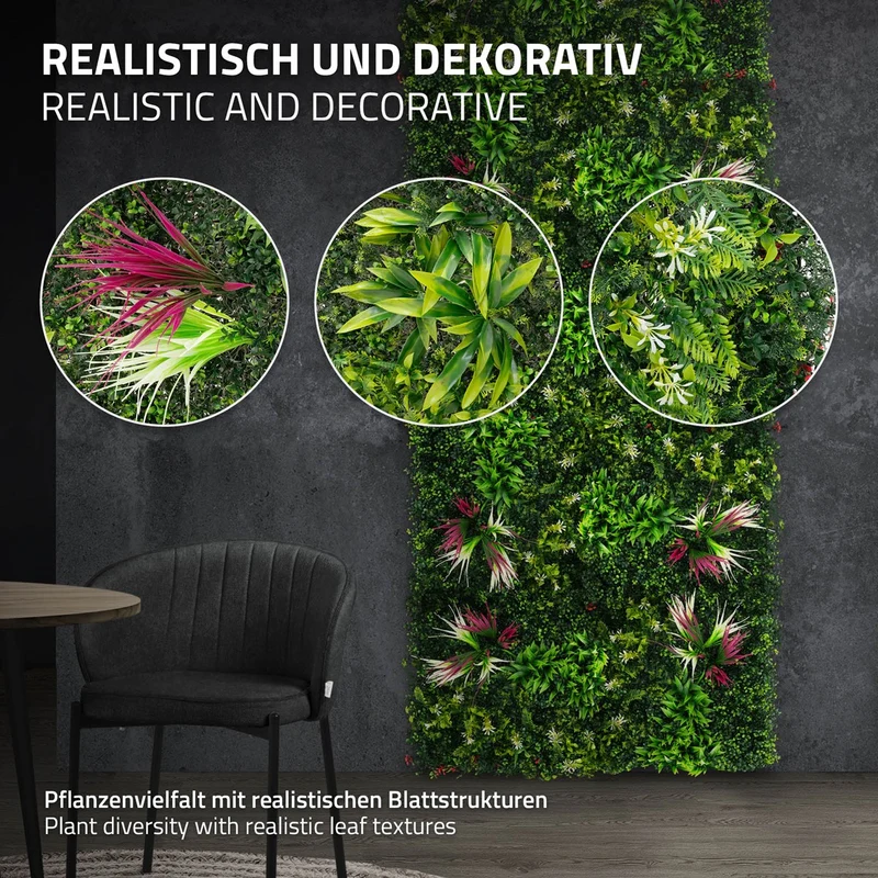 ECD Germany | Künstliche Pflanzenwand Tropical Pink 4er Set 50x50 cm Grün Kunstpflanzen Wandpaneele Indoor Outdoor Blumenwand Sichtschutz Wandpflanzen