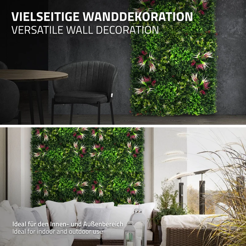 ECD Germany | Künstliche Pflanzenwand Tropical Pink 4er Set 50x50 cm Grün Kunstpflanzen Wandpaneele Indoor Outdoor Blumenwand Sichtschutz Wandpflanzen