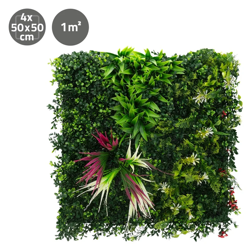 ECD Germany | Künstliche Pflanzenwand Tropical Pink 4er Set 50x50 cm Grün Kunstpflanzen Wandpaneele Indoor Outdoor Blumenwand Sichtschutz Wandpflanzen