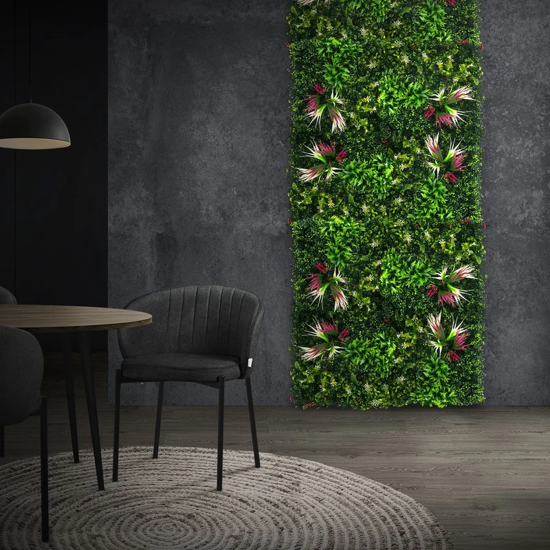 ECD Germany | Künstliche Pflanzenwand Tropical Pink 4er Set 50x50 cm Grün Kunstpflanzen Wandpaneele Indoor Outdoor Blumenwand Sichtschutz Wandpflanzen