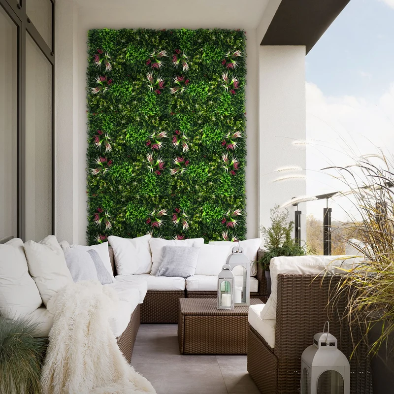 ECD Germany | Künstliche Pflanzenwand Tropical Pink 4er Set 50x50 cm Grün Kunstpflanzen Wandpaneele Indoor Outdoor Blumenwand Sichtschutz Wandpflanzen