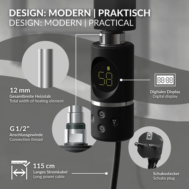 Design Badheizkörper Sahara Elektrisch mit Heizstab 1200W 500x1200 mm gerade Schwarz matt Seitenanschluss LuxeBath