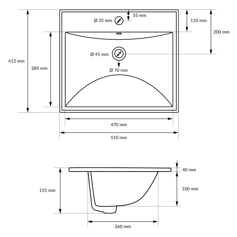 Waschbecken Eckig mit Überlauf 51x41,5x15,5 cm Weiß aus Keramik LuxeBath