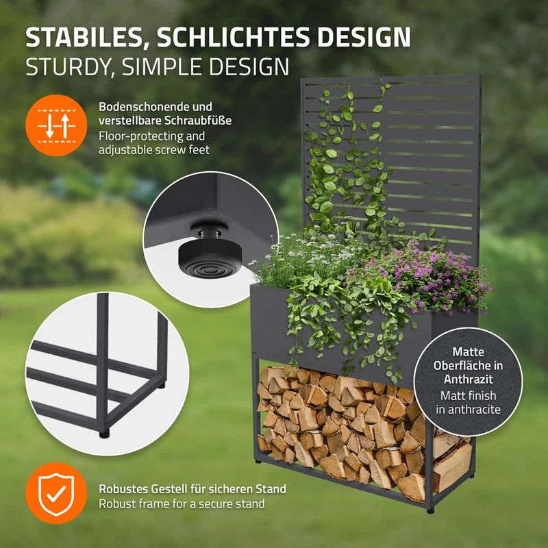 ML-DESIGN | Kaminholzregal Innen Außen mit Pflanzkasten 90x170 cm Stahl verzinkt Anthrazit Brennholzregal Metall Holzstapelhilfe wetterfest Holzlager