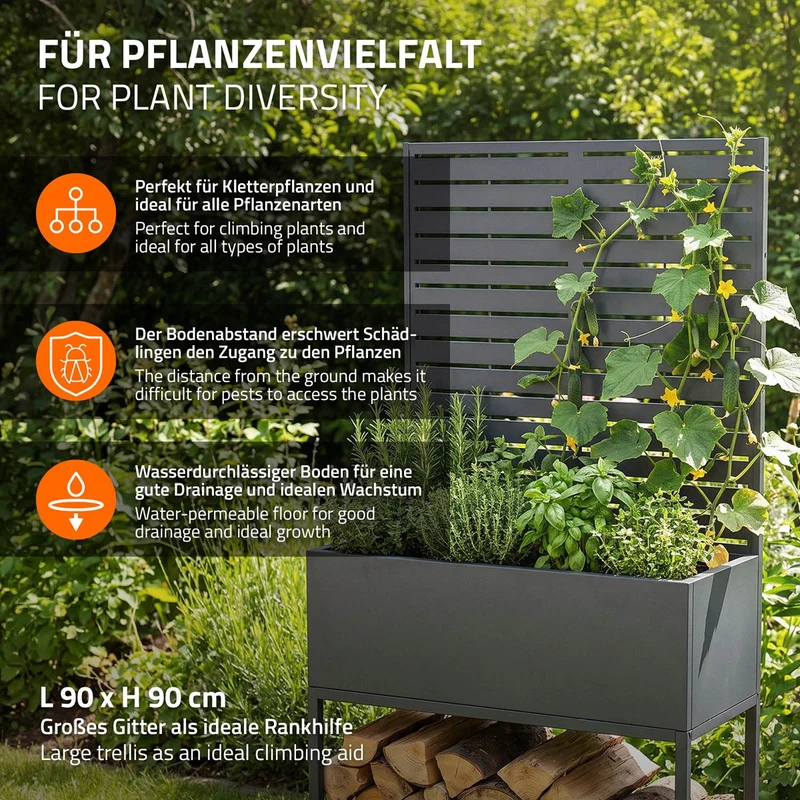 ML-DESIGN | Kaminholzregal Innen Außen mit Pflanzkasten 90x170 cm Stahl verzinkt Anthrazit Brennholzregal Metall Holzstapelhilfe wetterfest Holzlager