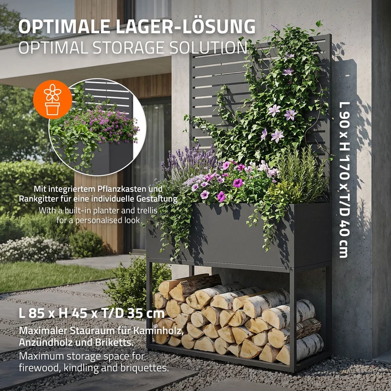 ML-DESIGN | Kaminholzregal Innen Außen mit Pflanzkasten 90x170 cm Stahl verzinkt Anthrazit Brennholzregal Metall Holzstapelhilfe wetterfest Holzlager