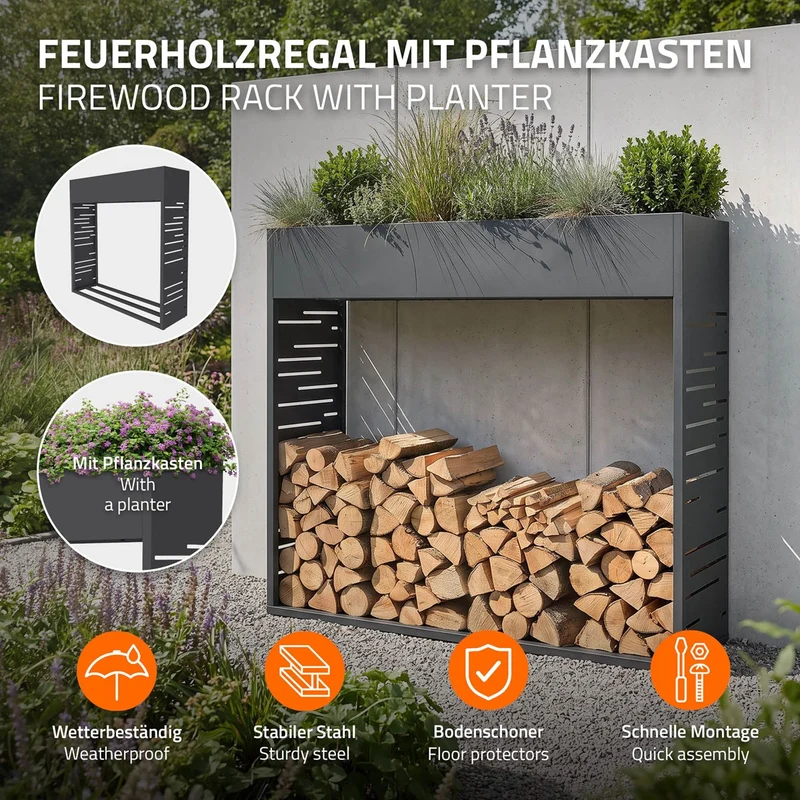 ML-DESIGN | Kaminholzregal Innen Außen mit Pflanzkasten 112x111 cm Stahl verzint Anthrazit Brennholzregal Metall Holzstapelhilfe wetterfest Holzlager