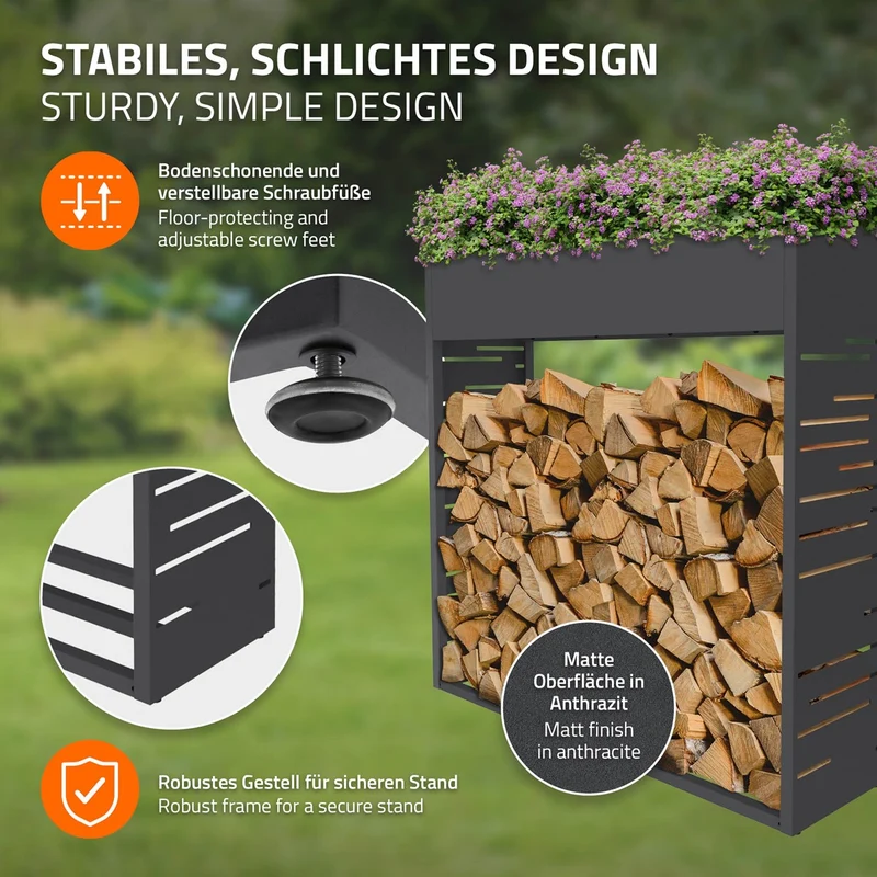 ML-DESIGN | Kaminholzregal Innen Außen mit Pflanzkasten 112x111 cm Stahl verzint Anthrazit Brennholzregal Metall Holzstapelhilfe wetterfest Holzlager
