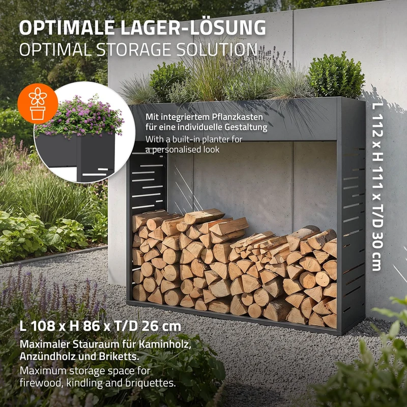 ML-DESIGN | Kaminholzregal Innen Außen mit Pflanzkasten 112x111 cm Stahl verzint Anthrazit Brennholzregal Metall Holzstapelhilfe wetterfest Holzlager