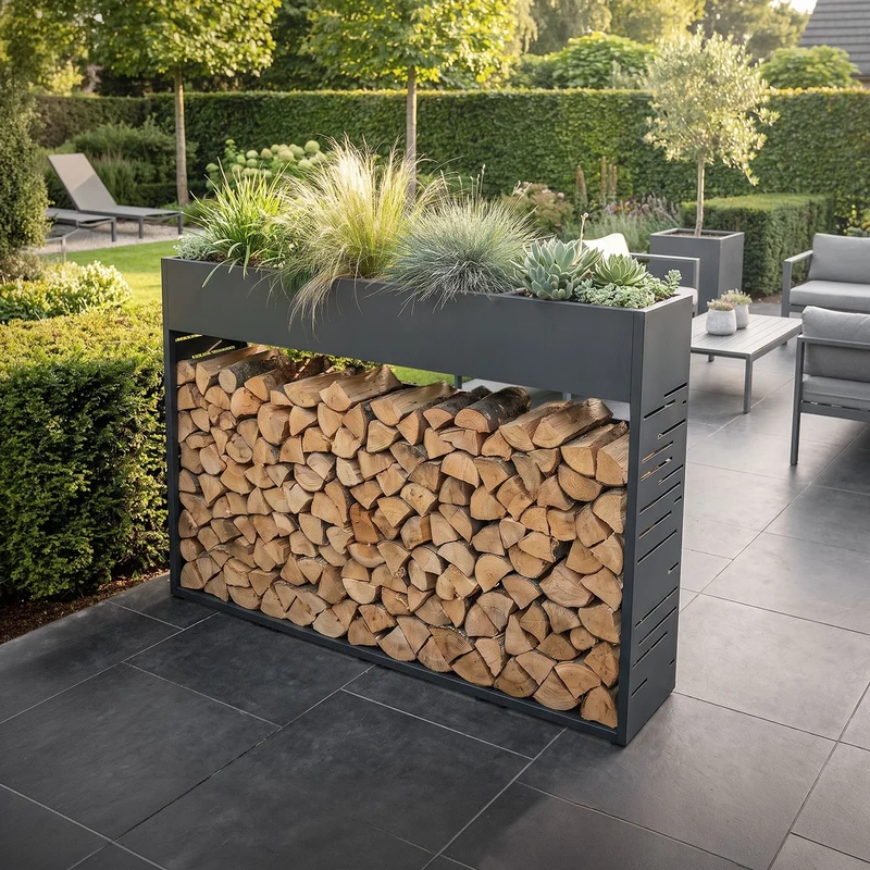 ML-DESIGN | Kaminholzregal Innen Außen mit Pflanzkasten 112x111 cm Stahl verzint Anthrazit Brennholzregal Metall Holzstapelhilfe wetterfest Holzlager