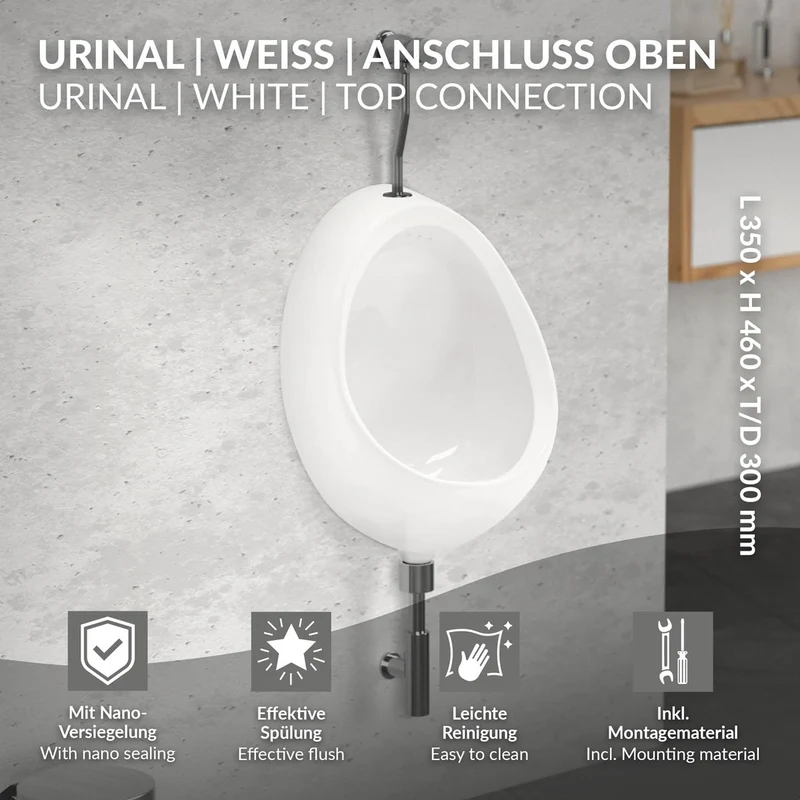 LuxeBath | Urinal Pissoir oval aus Keramik mit Zulauf von Oben/Hinten Spülrand geschlossen