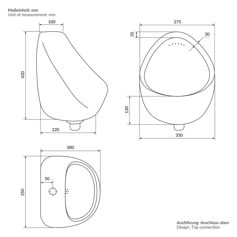LuxeBath | Urinal Pissoir oval aus Keramik mit Zulauf von Oben/Hinten Spülrand geschlossen