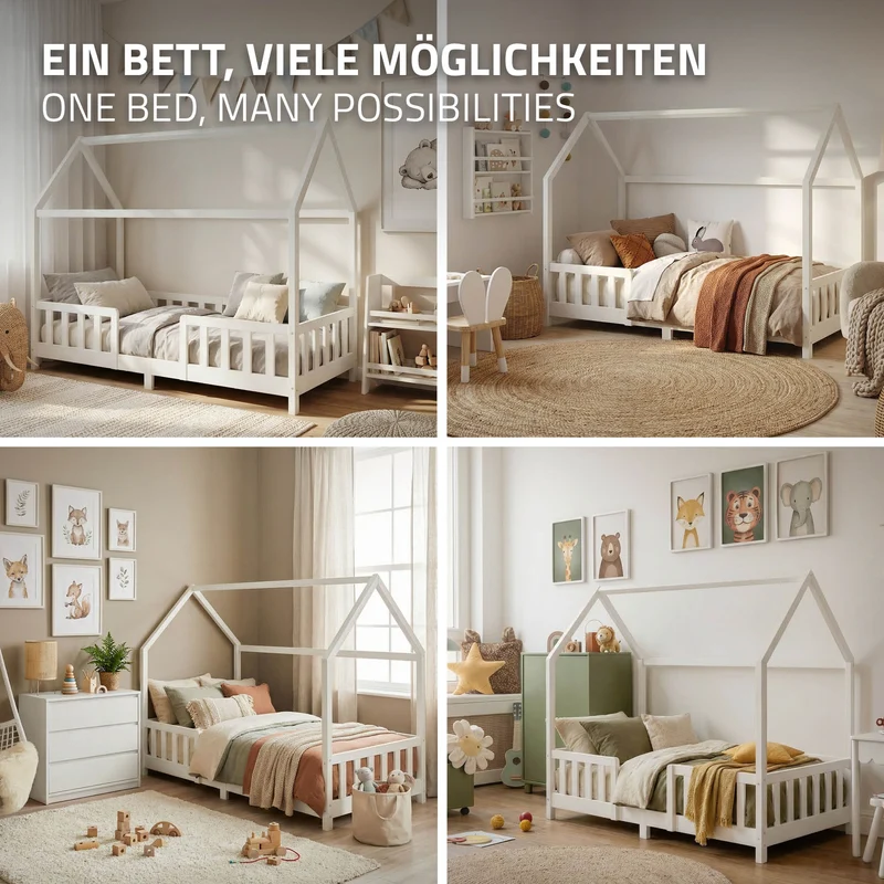 B-Ware Kinderbett Hausbett 90x200 cm aus Kiefernholz Weiß mit Rausfallschutz Dach und Lattenrost Holzbett ML-Design