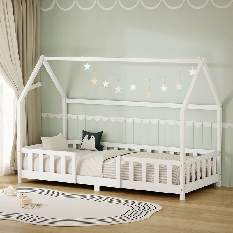 B-Ware Kinderbett Hausbett 90x200 cm aus Kiefernholz Weiß mit Rausfallschutz Dach und Lattenrost Holzbett ML-Design