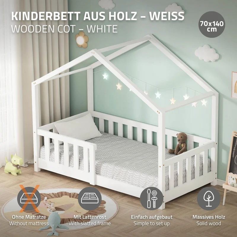B-Ware Kinderbett Hausbett 70x140 cm Weiß aus Kiefernholz Holzbett mit Rausfallschutz und Lattenrost ML-Design