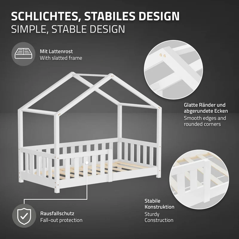 B-Ware Kinderbett Hausbett 70x140 cm Weiß aus Kiefernholz Holzbett mit Rausfallschutz und Lattenrost ML-Design