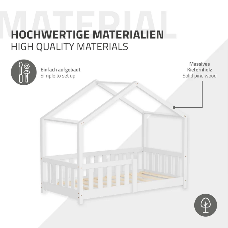 B-Ware Kinderbett Hausbett 70x140 cm Weiß aus Kiefernholz Holzbett mit Rausfallschutz und Lattenrost ML-Design