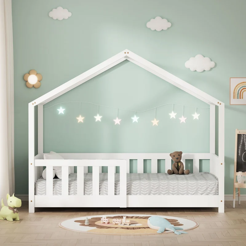 B-Ware Kinderbett Hausbett 70x140 cm Weiß aus Kiefernholz Holzbett mit Rausfallschutz und Lattenrost ML-Design