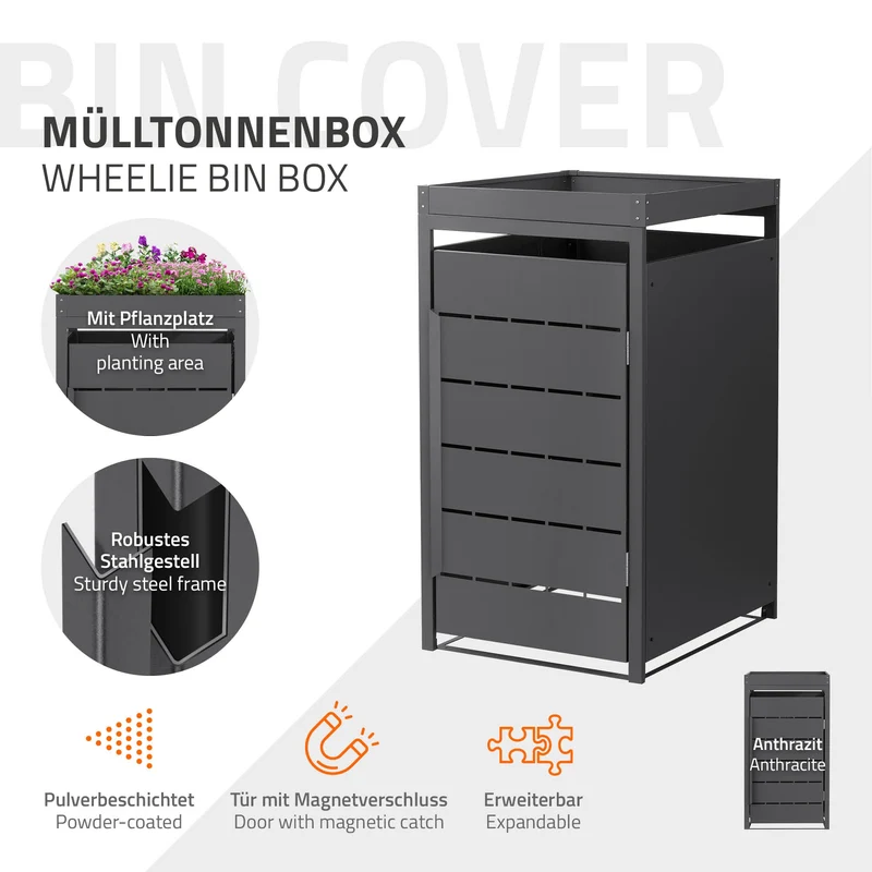 Mülltonnenbox mit Pflanzdach 1er bis 240 Liter 68x80x124 cm aus Stahl in Anthrazit ML-Design