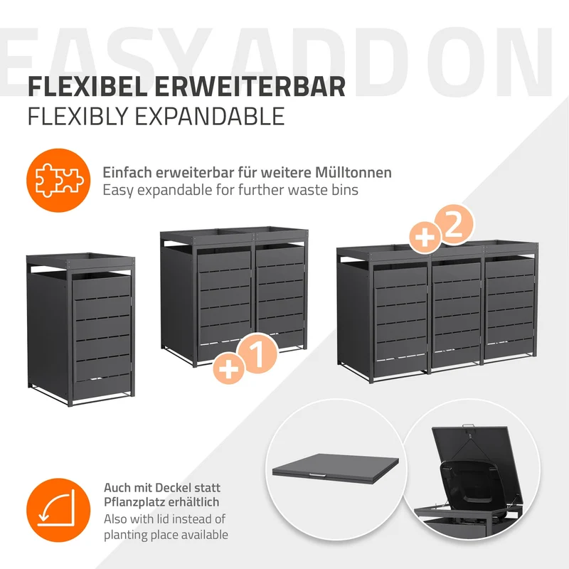 Mülltonnenbox mit Pflanzdach 1er bis 240 Liter 68x80x124 cm aus Stahl in Anthrazit ML-Design