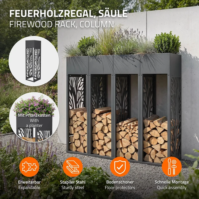 ML-DESIGN | Kaminholzregal Innen Außen mit Pflanzkasten 30x111 cm Stahl verzinkt Anthrazit Brennholzregal Metall Holzstapelhilfe wetterfest Holzlager