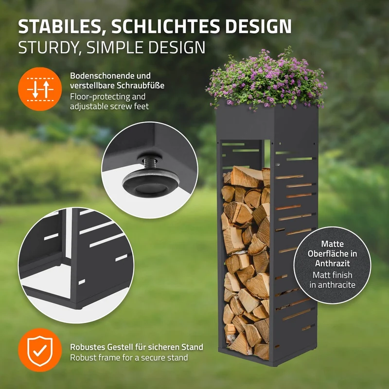 ML-DESIGN | Kaminholzregal Innen Außen mit Pflanzkasten 30x111 cm Stahl verzinkt Anthrazit Brennholzregal Metall Holzstapelhilfe wetterfest Holzlager