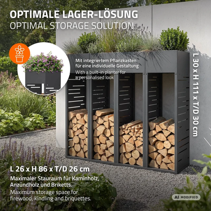ML-DESIGN | Kaminholzregal Innen Außen mit Pflanzkasten 30x111 cm Stahl verzinkt Anthrazit Brennholzregal Metall Holzstapelhilfe wetterfest Holzlager