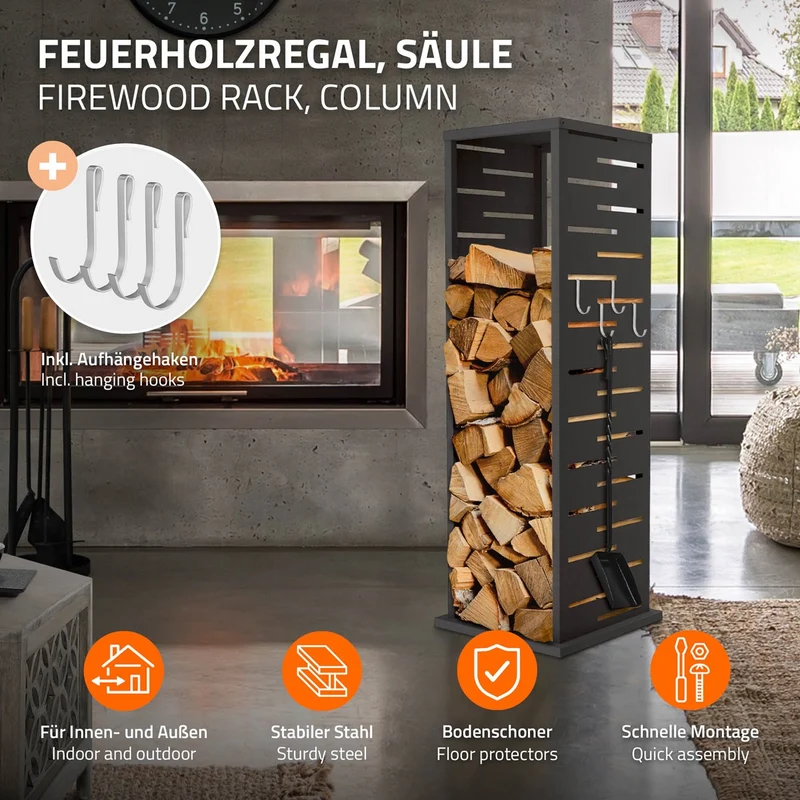 ML-DESIGN | Kaminholzregal Innen Außen 37,5x37,5x112 cm Stahl verzinkt Anthrazit Brennholzregal Metall Holzstapelhilfe wetterfest Säulen-Holzlager