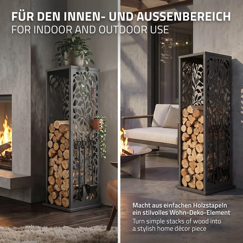 ML-DESIGN | Kaminholzregal Innen Außen 37,5x37,5x112 cm Stahl verzinkt Anthrazit Brennholzregal Metall Holzstapelhilfe wetterfest Säulen-Holzlager
