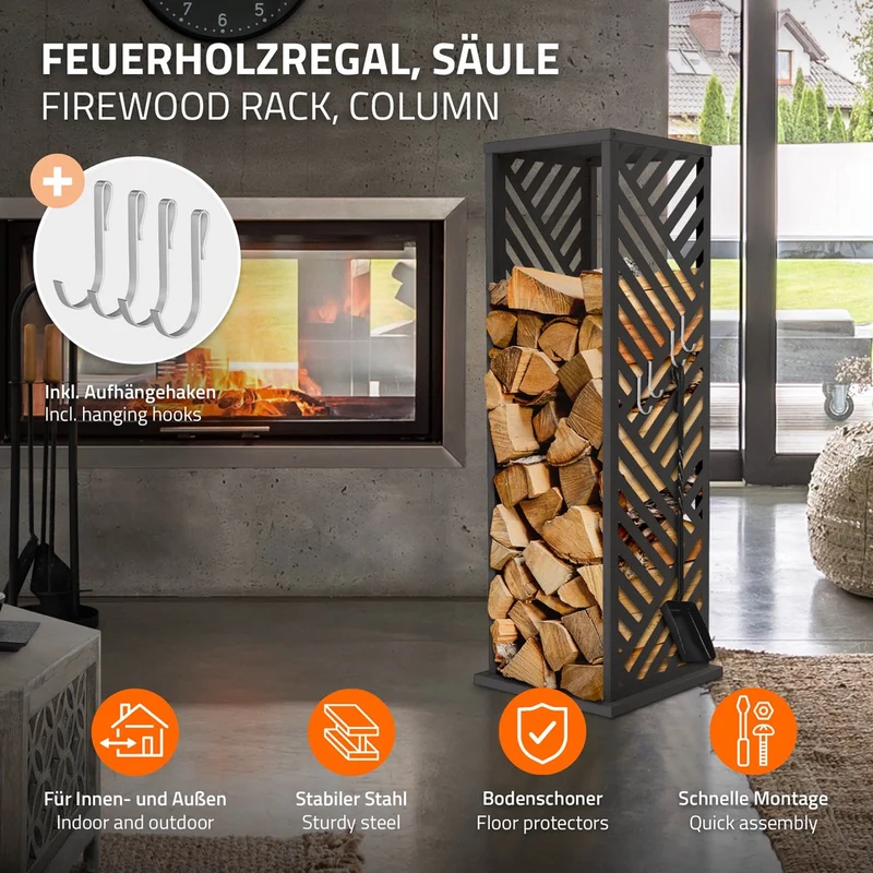 ML-DESIGN | Kaminholzregal Innen Außen 37,5x37,5x112 cm Stahl verzinkt Anthrazit Brennholzregal Metall Holzstapelhilfe wetterfest Säulen-Holzlager