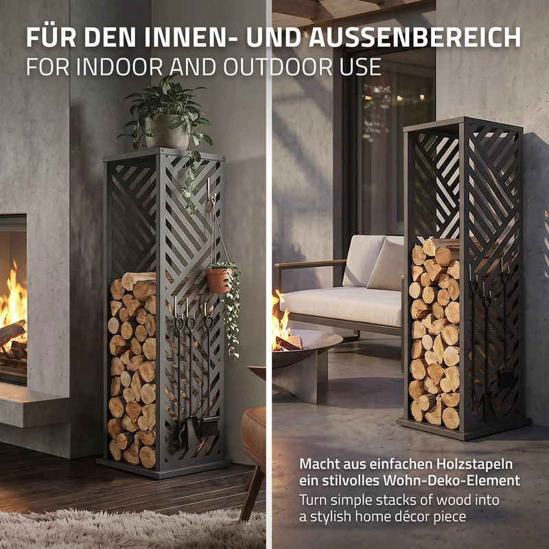 ML-DESIGN | Kaminholzregal Innen Außen 37,5x37,5x112 cm Stahl verzinkt Anthrazit Brennholzregal Metall Holzstapelhilfe wetterfest Säulen-Holzlager