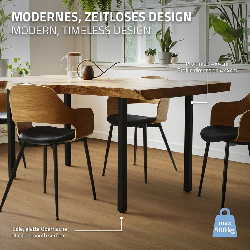 4er Set Tischbeine I-Design 72 cm Schwarz Tischgestell aus pulverbeschichteter Stahl, Profil 4x4 cm, höhenverstellbare Möbelfüße ML-Design
