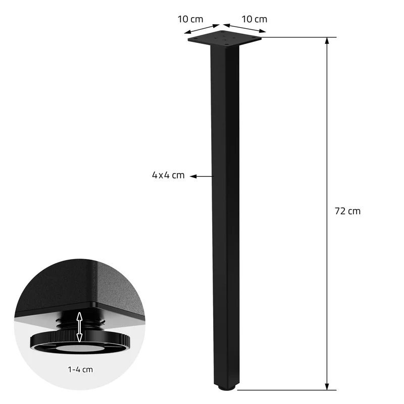 4er Set Tischbeine I-Design 72 cm Schwarz Tischgestell aus pulverbeschichteter Stahl, Profil 4x4 cm, höhenverstellbare Möbelfüße ML-Design
