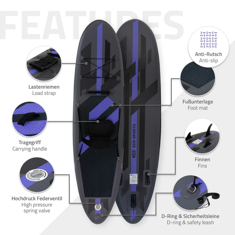 Stand Up Paddle aufblasbares SUP Board mit Kajak Sitz 320x82x15 cm in Schwarz aus PVC inkl. Pumpe und Tragetasche