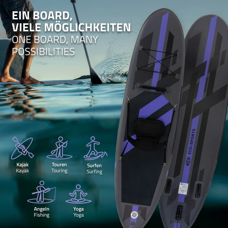Stand Up Paddle aufblasbares SUP Board mit Kajak Sitz 320x82x15 cm in Schwarz aus PVC inkl. Pumpe und Tragetasche