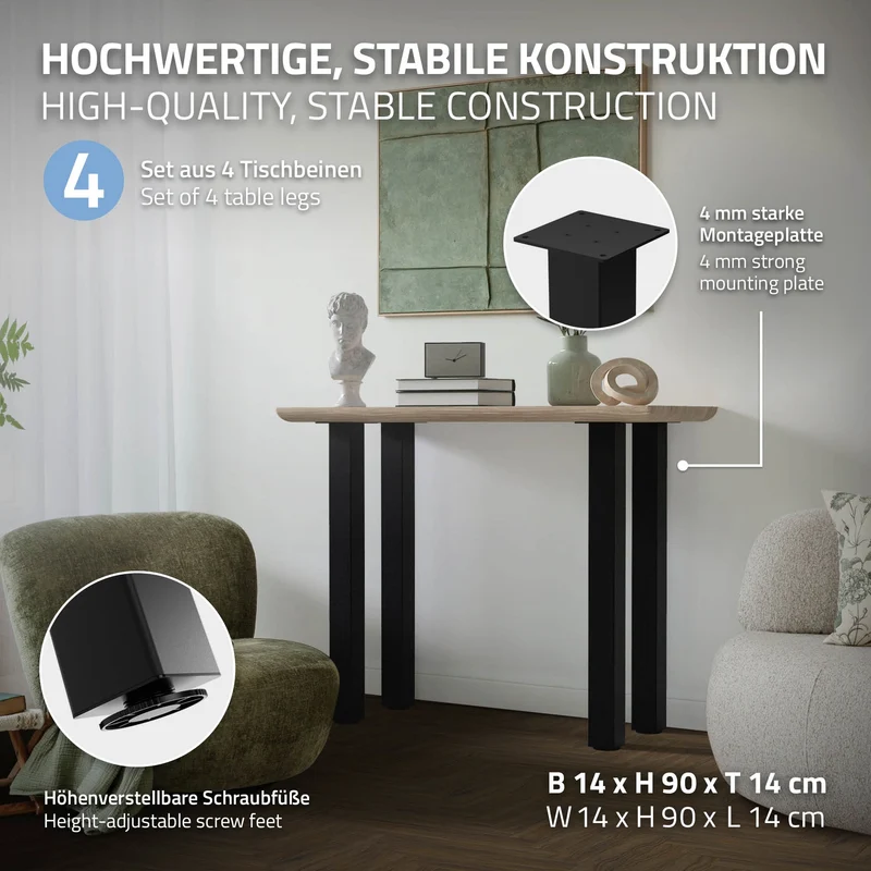 B-Ware 4er Set Tischbeine I-Design 90 cm Schwarz glänzend Stahl pulverbeschichtet eckig Profil 8x8 cm Höhenverstellbare Möbelfüße 1-4cm ML-Design